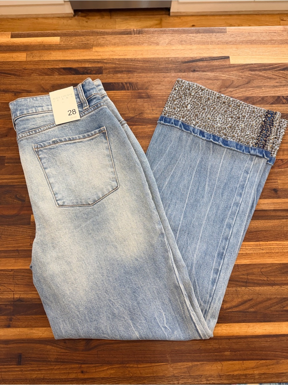 NWT - Alice + Olivia High Rise Embellished Straight Jeans Weezy in Brooklyn Blue - Picture 4 of 16